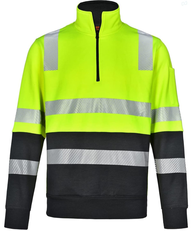 A high-visibility jumper in fluorescent yellow and black with reflective stripes and a half-zip collar.