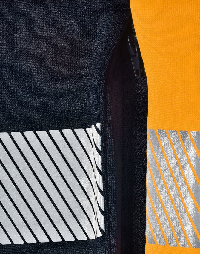 A black and orange work jumper featuring reflective stripes and a zippered section. It has a branding logo.