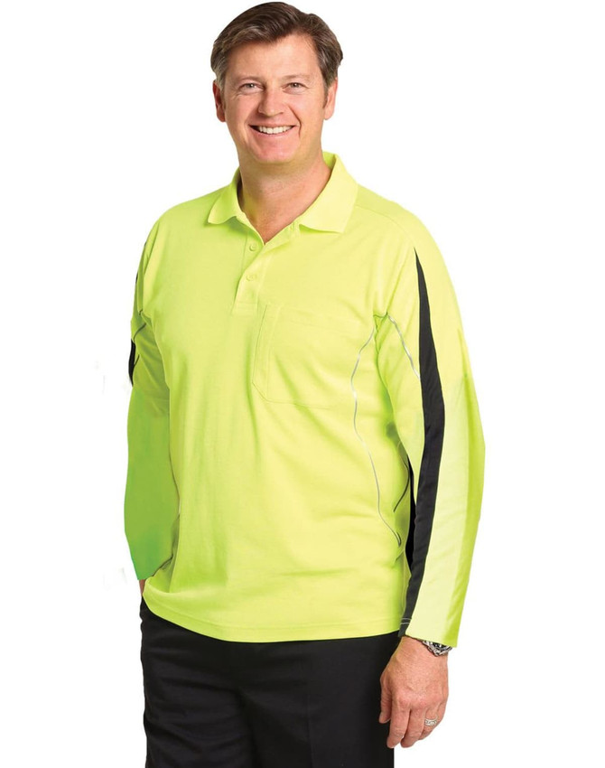 A men's long-sleeve high-visibility polo shirt in bright yellow with black accents and a logo.
