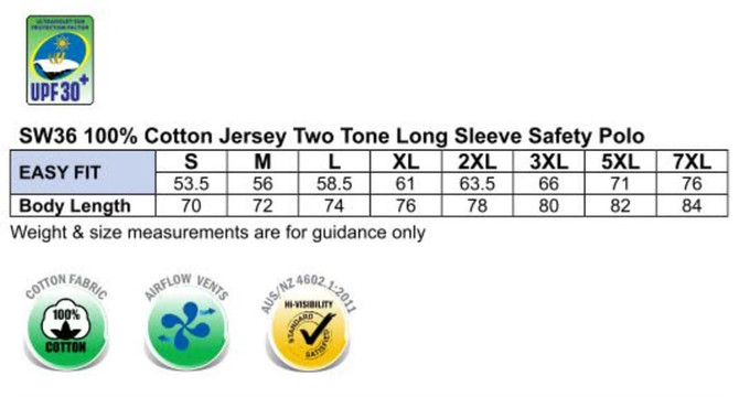 A sizing chart for a Hi-Vis Cotton Two Tone Long Sleeve Safety Polo in various sizes. Features a logo.