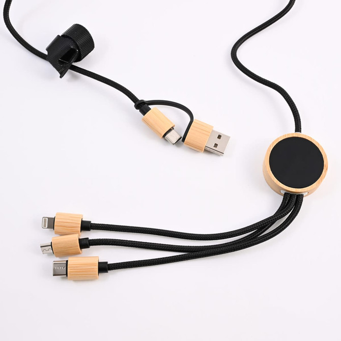 A charging cable with a black and wooden design, featuring multiple connectors and a braided cord.