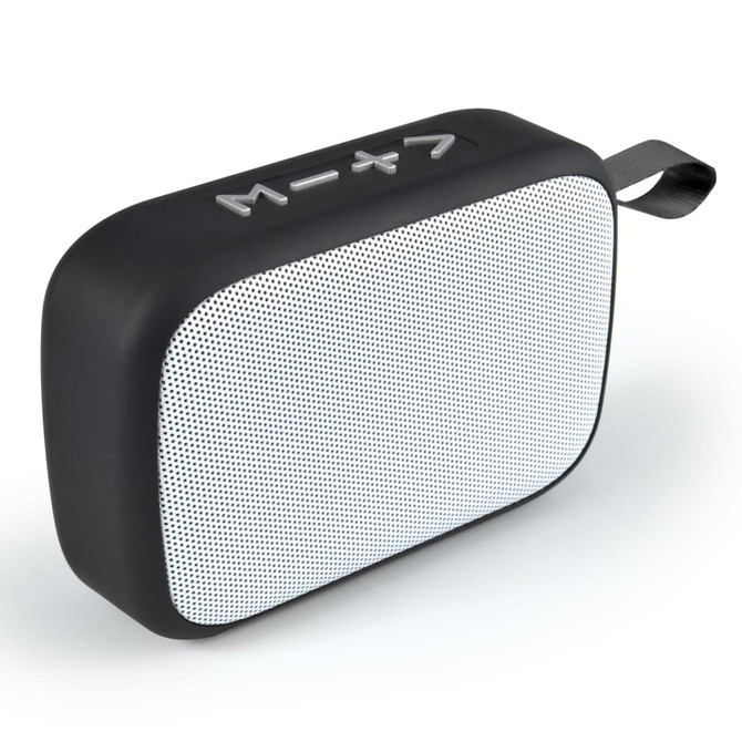A rectangular black and white portable speaker with a textured surface and a carrying strap.