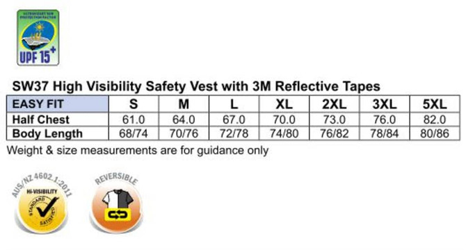 A safety vest in high visibility colours featuring 3M reflective tapes and a logo, with various size measurements.