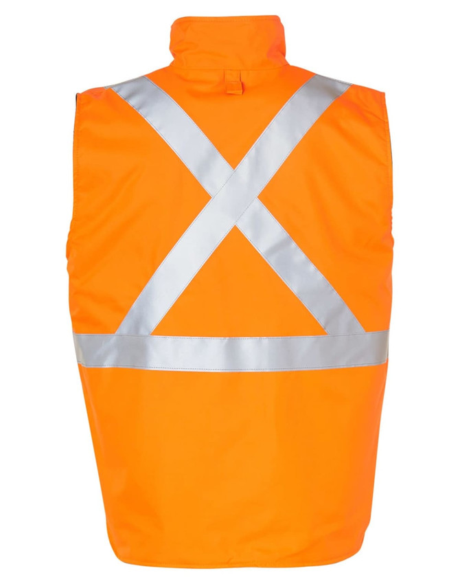 A bright orange reversible safety vest featuring an X-pattern of silver reflective tape on the back.