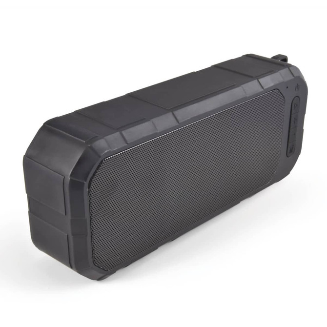 A rectangular black water-resistant speaker with a textured surface and a speaker grille. It features a logo.
