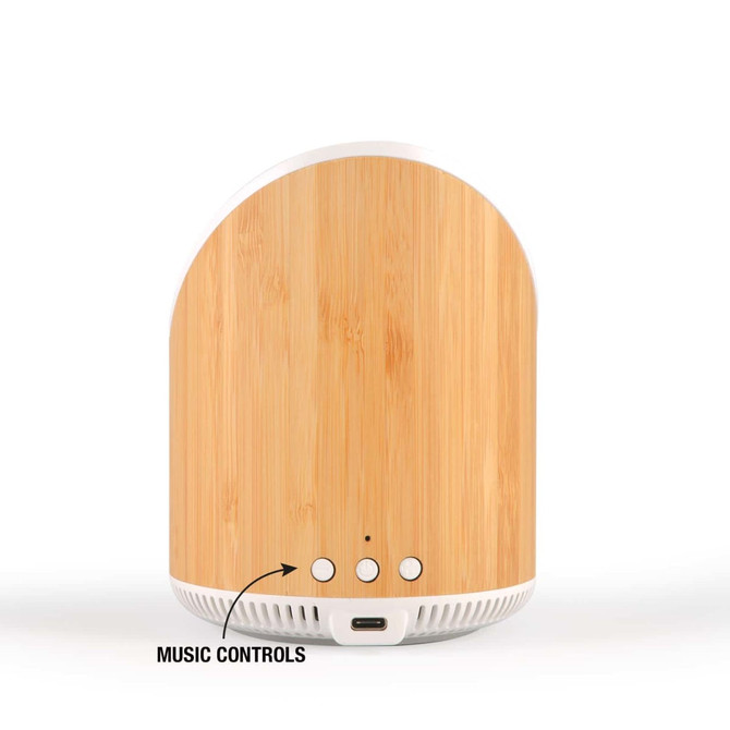 A wireless speaker with a bamboo finish featuring music control buttons and a charging port at the bottom.