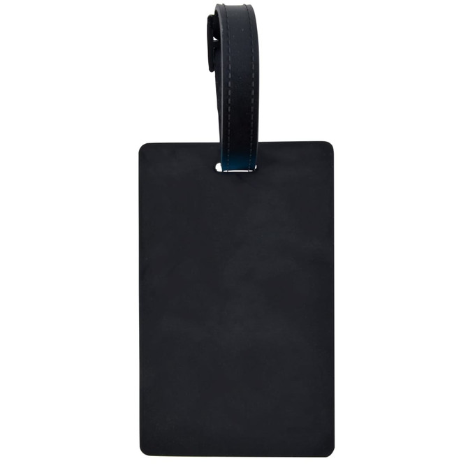 A black luggage tag with a smooth surface and a matching strap for attachment.