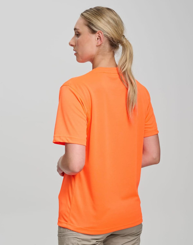 A high-visibility orange safety tee, featuring a plain back and short sleeves, suitable for uniforms.