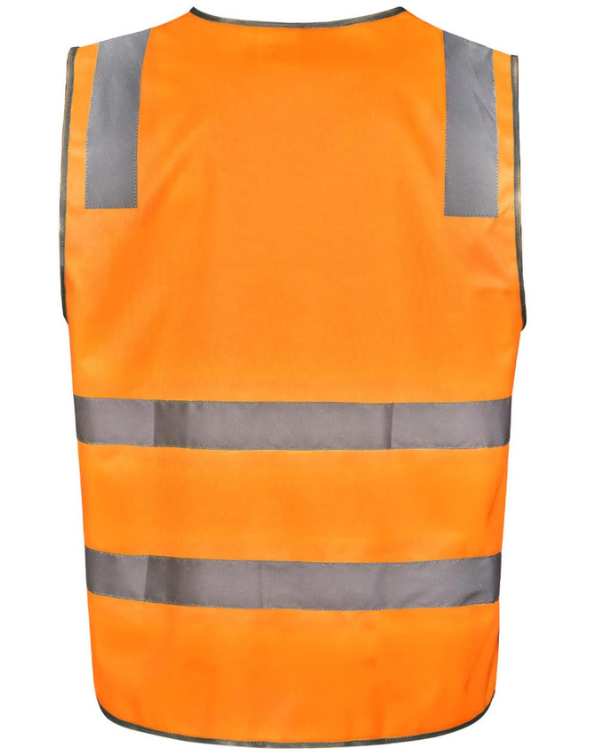 A safety vest in bright orange with reflective stripes, designed for visibility and safety. Features a logo.