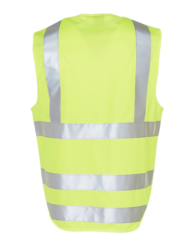 A bright yellow safety vest featuring reflective silver tapes and an ID pocket on the back.