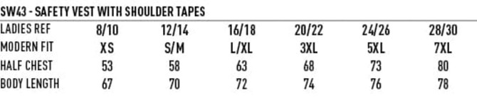 A hi-vis safety vest in bright yellow with shoulder reflective tapes, featuring size measurements for a modern fit.