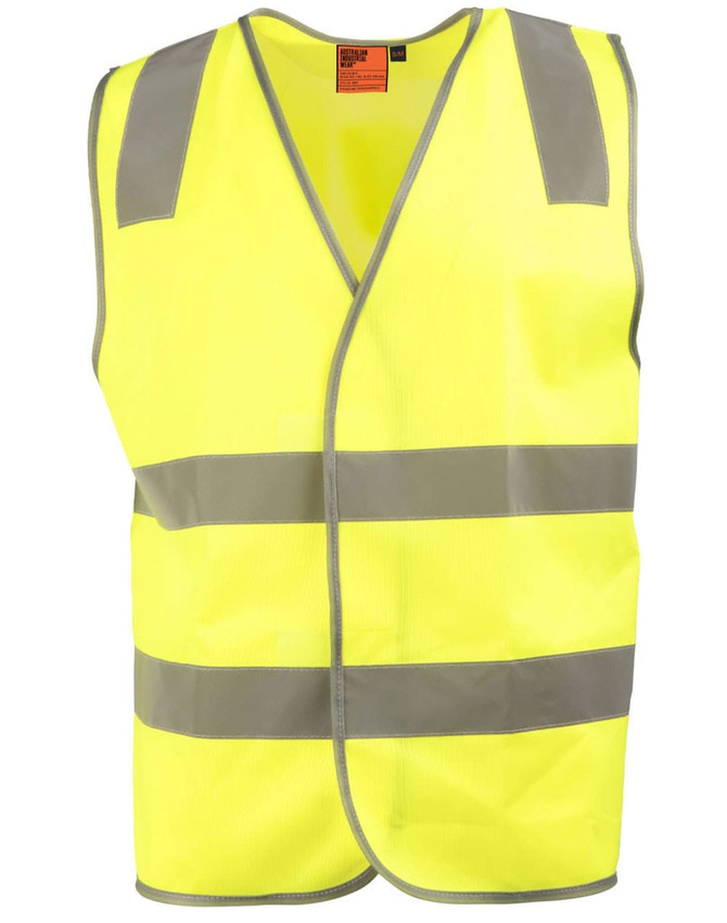 A bright yellow safety vest featuring grey shoulder reflective tapes and a front opening. It includes a logo on the label.