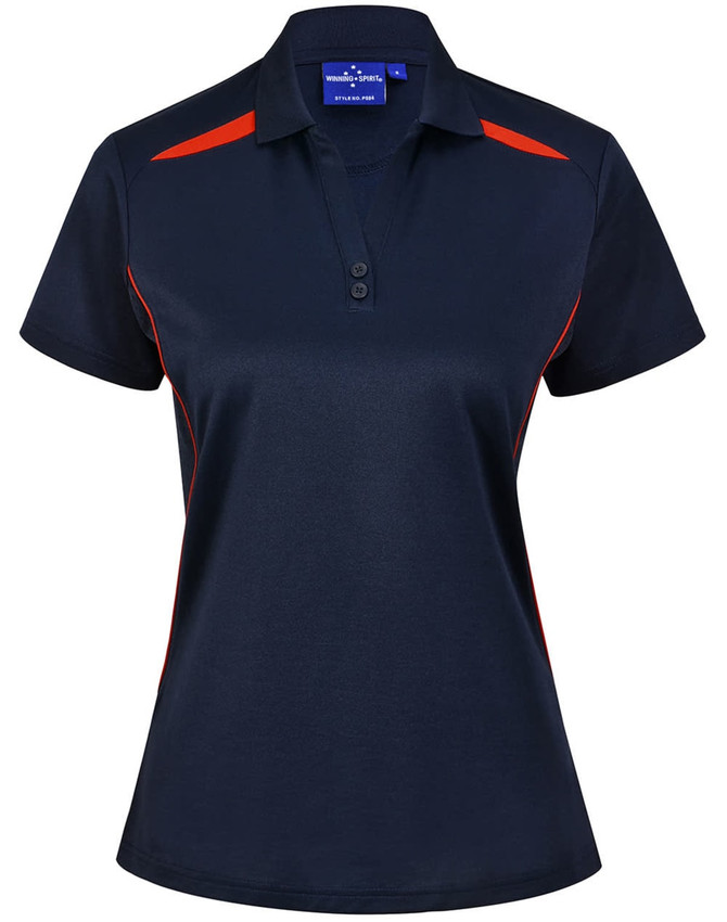 A navy blue polo shirt featuring contrasting red accents and a two-button placket. It has a logo on the chest.
