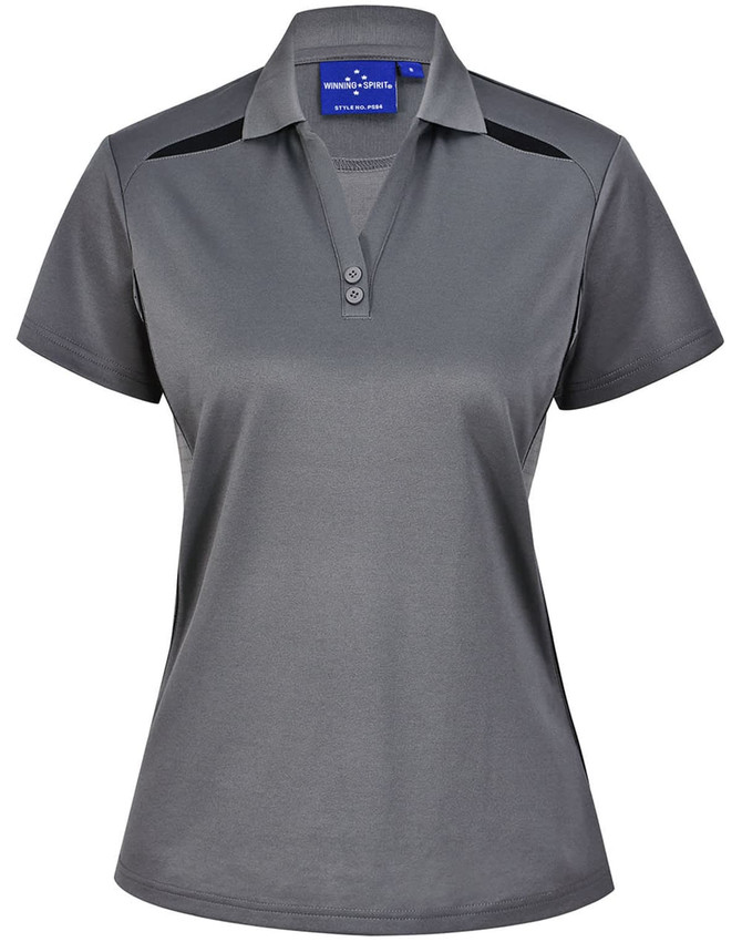 A grey ladies' polo shirt featuring a button-up front and contrasting black shoulder panels. It has a logo on the collar.