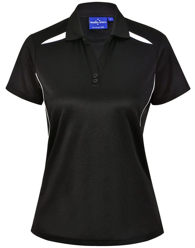 A black ladies' polo shirt with contrast white stripes, featuring a collar and three-button placket. It has a logo.