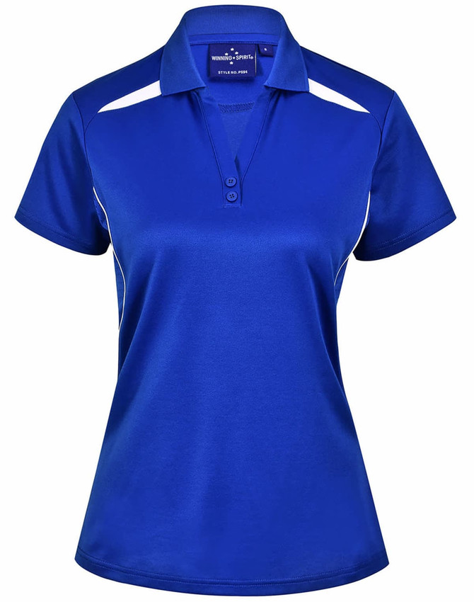 A blue ladies' polo shirt with contrast white detailing and a collar, featuring a logo on the upper section.