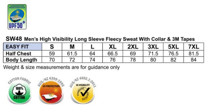 A high-visibility two-tone cotton fleecy sweatshirt with 3M tapes, featuring various sizes and a logo.