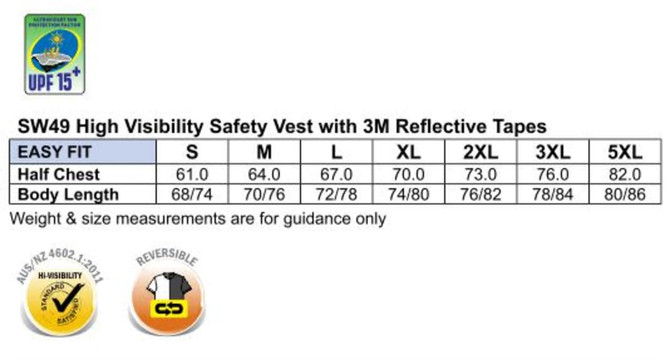 A high visibility safety vest in mandarine, featuring 3M reflective tapes and a reversible design. Includes size chart.