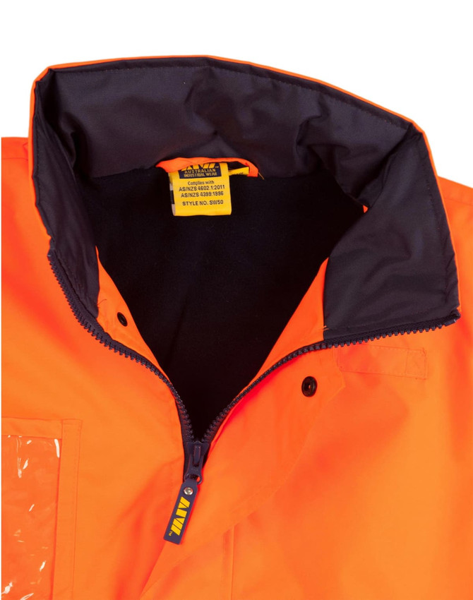 A Hi-Vis long line safety jacket in bright orange with a black inner collar and a zippered front. It features reflective 3M tapes.