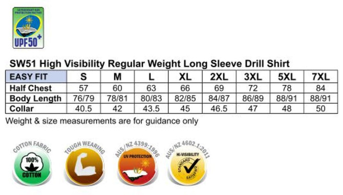Men's long sleeve drill shirt in high visibility yellow with collar and branding, featuring size and measurement details.