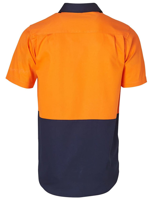A two-tone short-sleeve cotton work shirt featuring orange and navy blue colours, with a logo on the back.