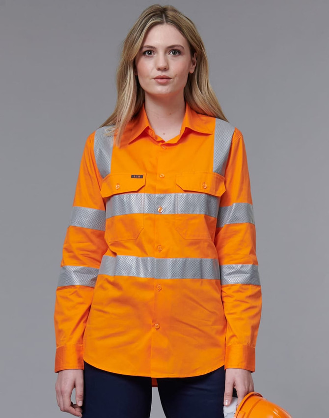 A high-visibility orange work shirt with reflective stripes, featuring a collar and buttons, and a logo.