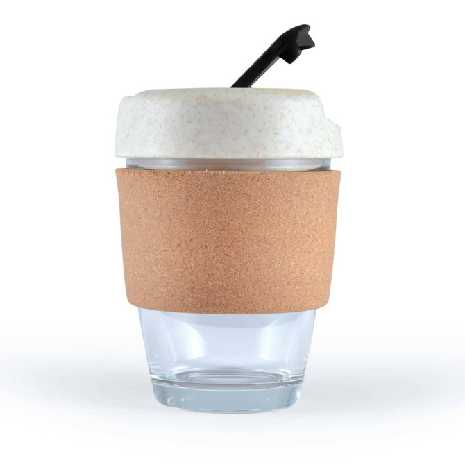 A reusable coffee cup with a clear glass body, a cork band for grip, and a white lid featuring a black straw.