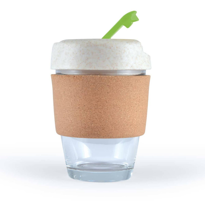 A reusable coffee cup with a cork band and a white lid featuring a green straw. The cup is made of transparent glass.