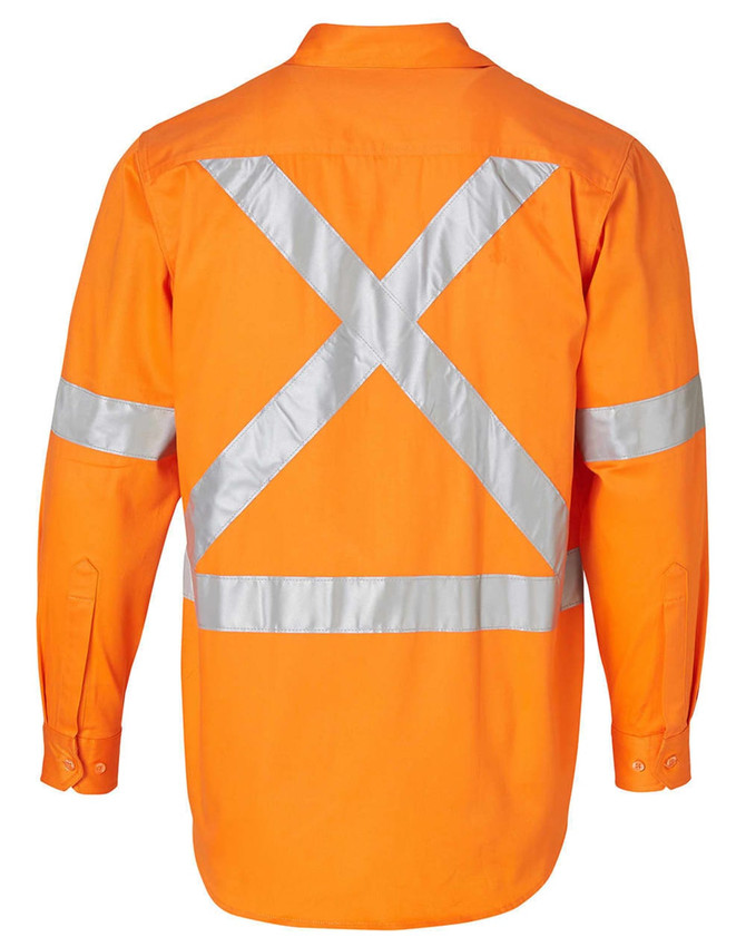 An orange long-sleeve drill shirt with reflective 3M tape, featuring a cross pattern on the back and a logo.