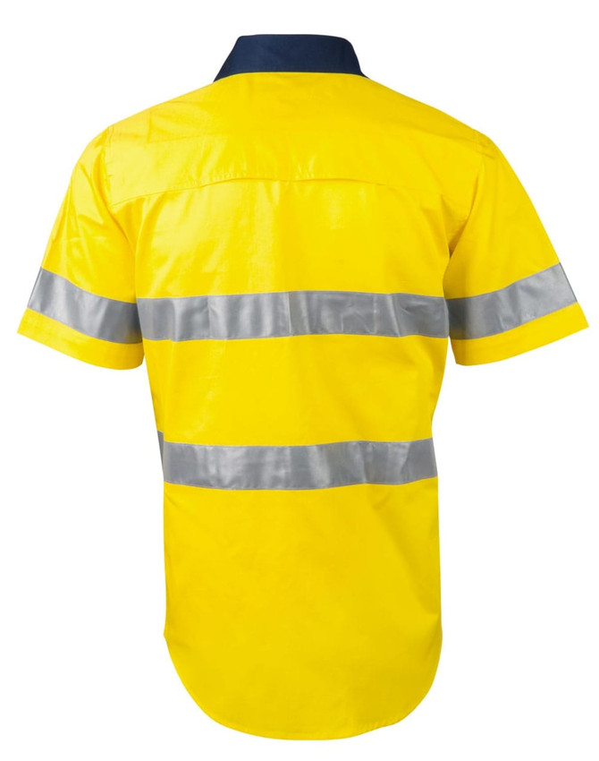 A bright yellow short-sleeved safety shirt with reflective silver stripes and a navy collar, featuring a logo.