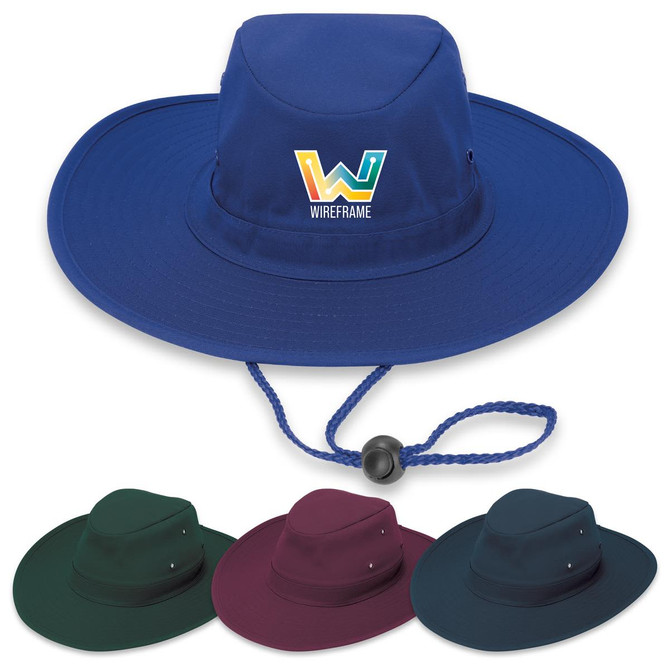 A blue Poly Viscose Slouch Hat with a logo, alongside green, burgundy, and navy options.