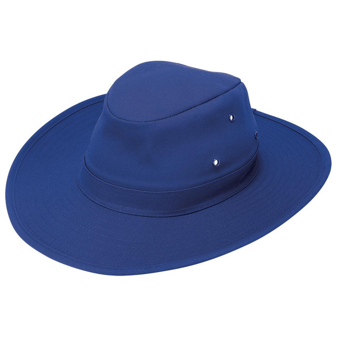 A blue Poly Viscose slouch hat with a wide brim and eyelets, featuring a logo.