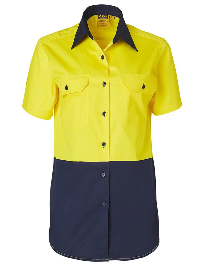 A short-sleeved safety shirt in high visibility yellow with a navy blue lower section and two front pockets.