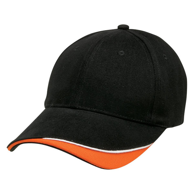 A black cap with an orange and white brim, featuring a logo on the front.