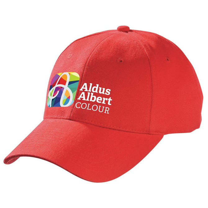 A red heavy brushed cotton cap featuring a logo on the front and a curved brim.