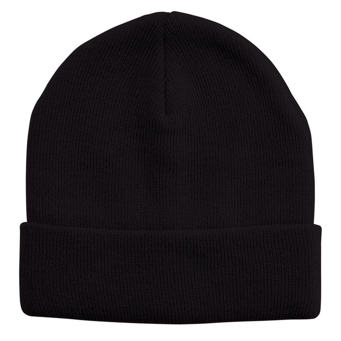 Acrylic beanie in black, featuring a folded brim and textured fabric, with a logo on the surface.