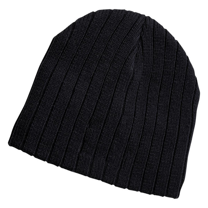 A black cable knit beanie made from textured fabric, featuring a subtle logo.