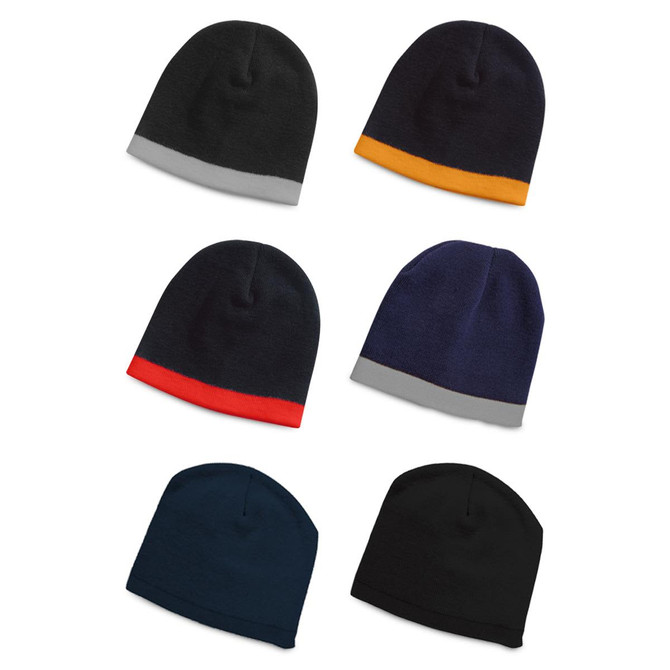 A collection of skull beanies in various colours, including black, navy, grey, and orange accents, arranged in a grid.