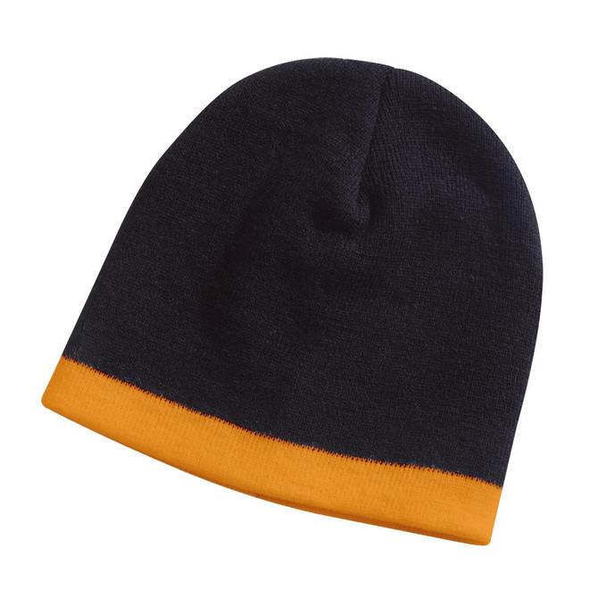 A black beanie with a bright orange cuff and a logo. Suitable for headwear.