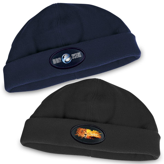 Two polar fleece beanies displayed, one in navy blue and one in black, each featuring a logo on the front.