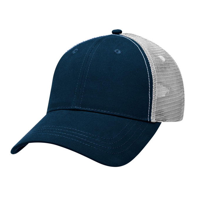 A navy blue and grey Lo-Pro Mesh Trucker Cap featuring a logo on the front and a mesh back.