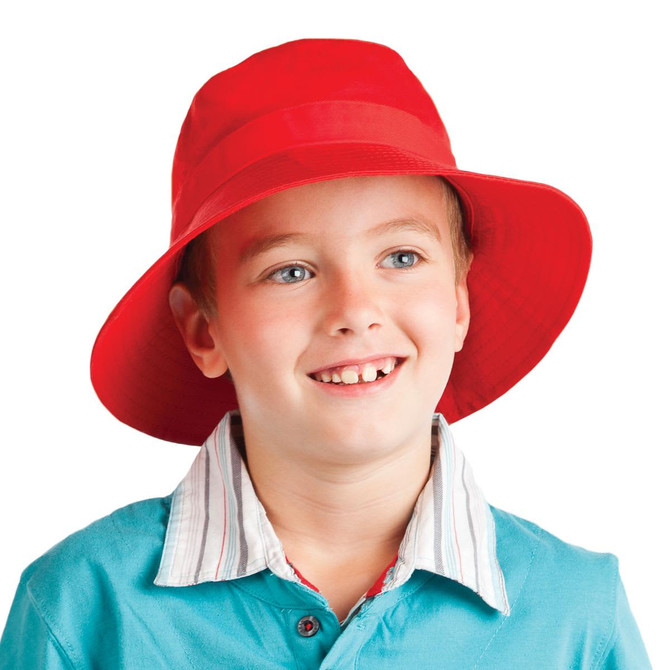 A red kids' twill bucket hat with toggle featured on a smiling child wearing a collared shirt.
