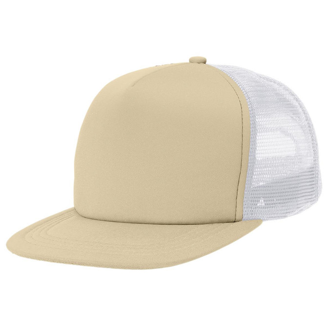 A flat peak trucker cap in beige with a mesh back. The cap features a structured design and a logo.