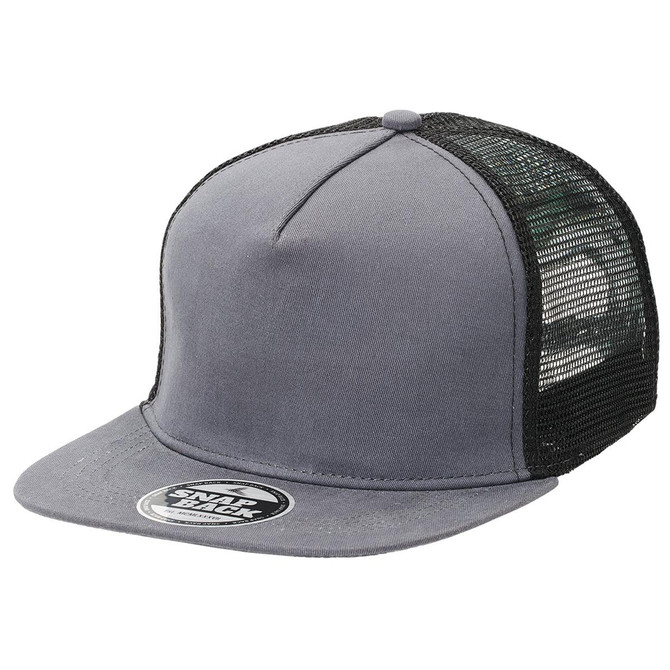 A grey Chino Flat Peak Trucker cap with a black mesh back and a circular logo on the front.