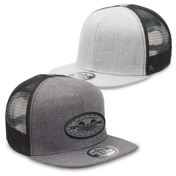 A grey and black heathered flat peak trucker cap featuring a logo on the front and mesh panels on the sides.
