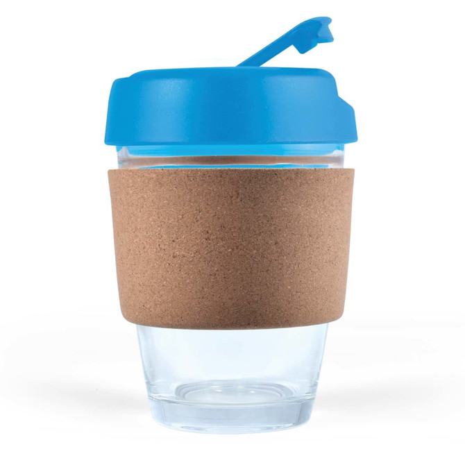 A reusable coffee cup with a clear body, a blue lid, and a cork band for insulation.