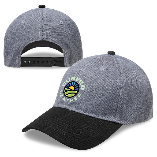 A curved cap in heather grey with a black peak and a logo on the front. Features an adjustable strap at the back.
