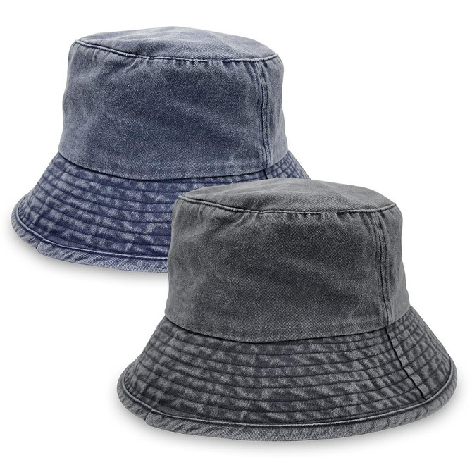 Two washed chino bucket hats in dark blue and charcoal grey, featuring a soft brim and textured fabric.