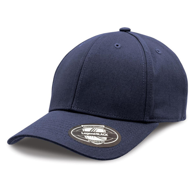 A navy cap with a curved brim, featuring a logo on the underside of the peak.