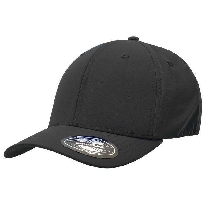 A black cap featuring a curved brim and an adjustable strap at the back, includes a logo label.